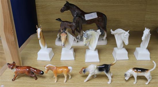 Five Royal Worcester Racehorse busts and other animal figures
